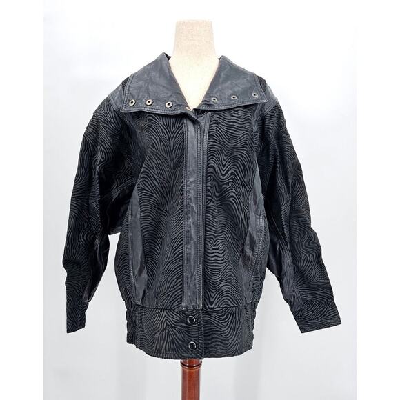 Vtg 80s Pelle Men's Small Leather & Suede Black Zip Moto Zebra Print Jacket - Picture 1 of 12